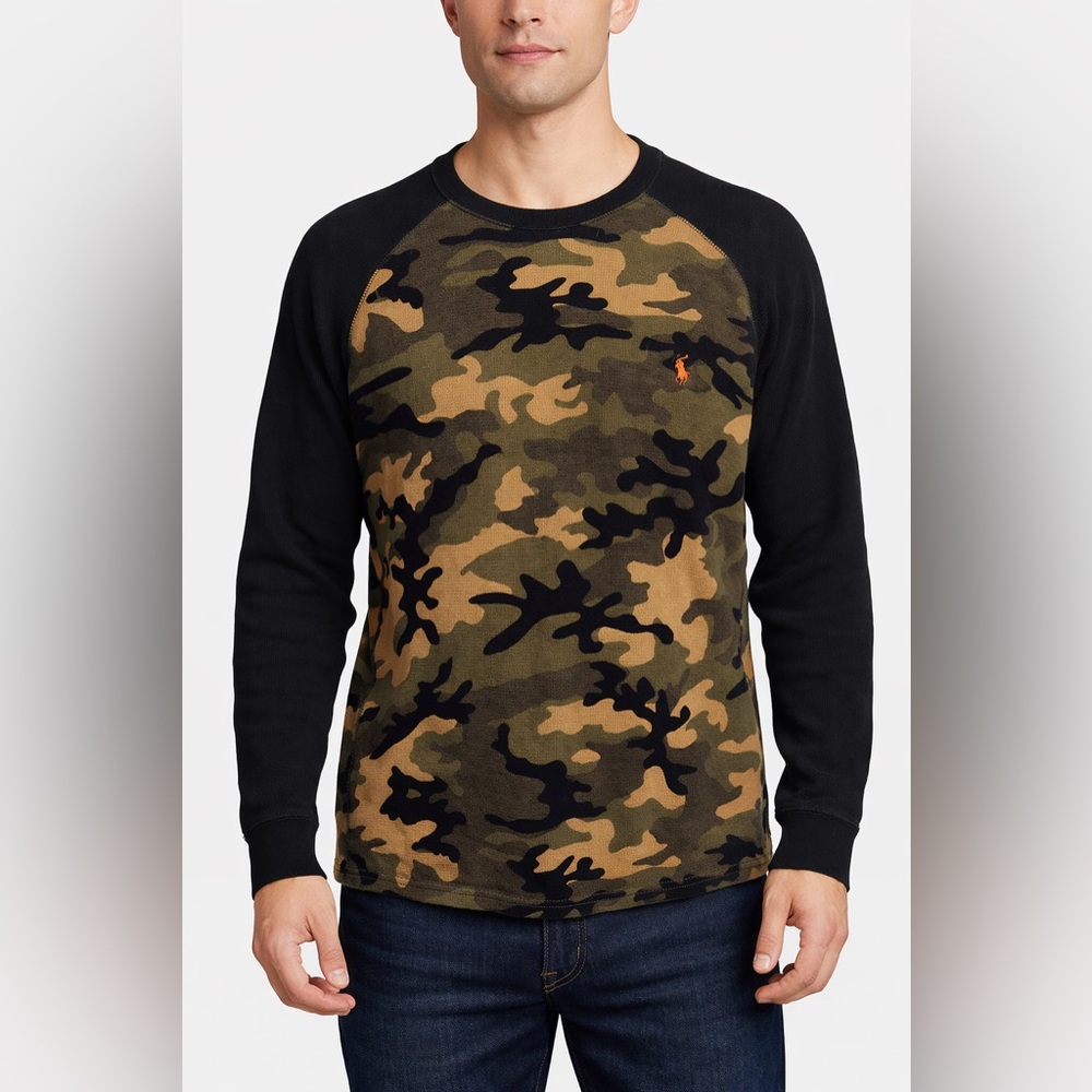 Polo Ralph Lauren Camo Thermal Waffle Knit Long Sleeve Raglan Shirt Size L